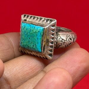 Beautiful Tibtean Artisan Turquoise and Silver Square Ring From South East Asia